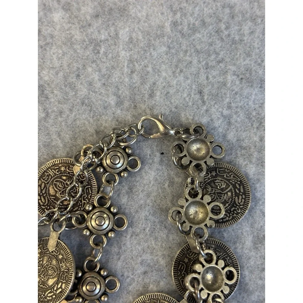 Vtg Boho Silver Coin Tassel Statement Necklace Bracelet Gypsy Festival Jewelry